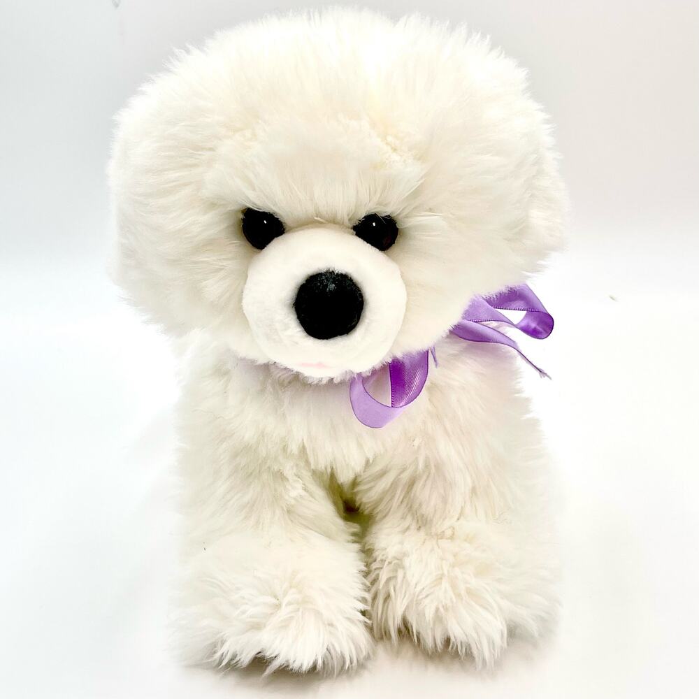Aurora World White Fluffy Dog Plush Sitting Freckles Pink Tongue Purple Ribbon